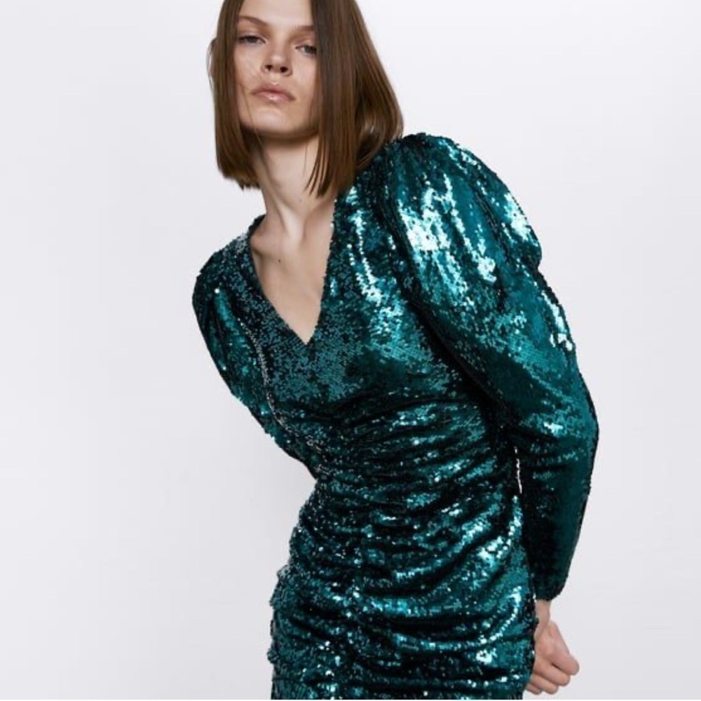 Zara turquoise sequin mini dress XS long sleeve ruched front Glam party stretchy